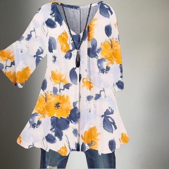 Half Sleeve V Neck Floral Printed Tunic Tops - Picture 1 of 1